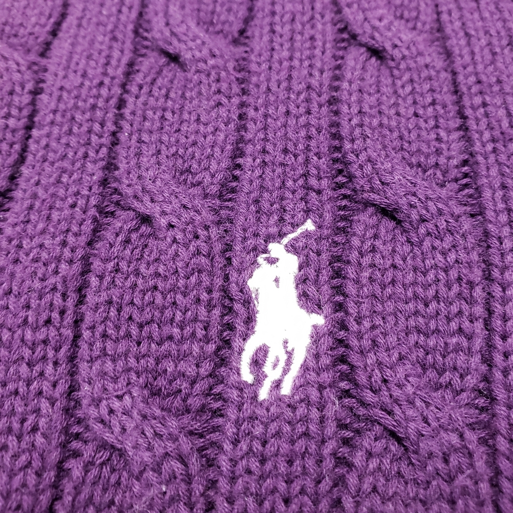 Polo Ralph Lauren Sport Cable Knit Logo Crewneck Sweater Large Purple Old Money - Picture 9 of 14